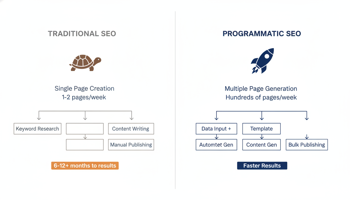 Comparison flowchart: Traditional SEO slow manual process vs Programmatic SEO fast automated scale, Prog SEO, Corpus Christi