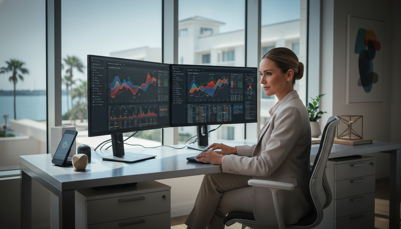 AI SEO consultant working at desk with analytics displays in modern Corpus Christi office