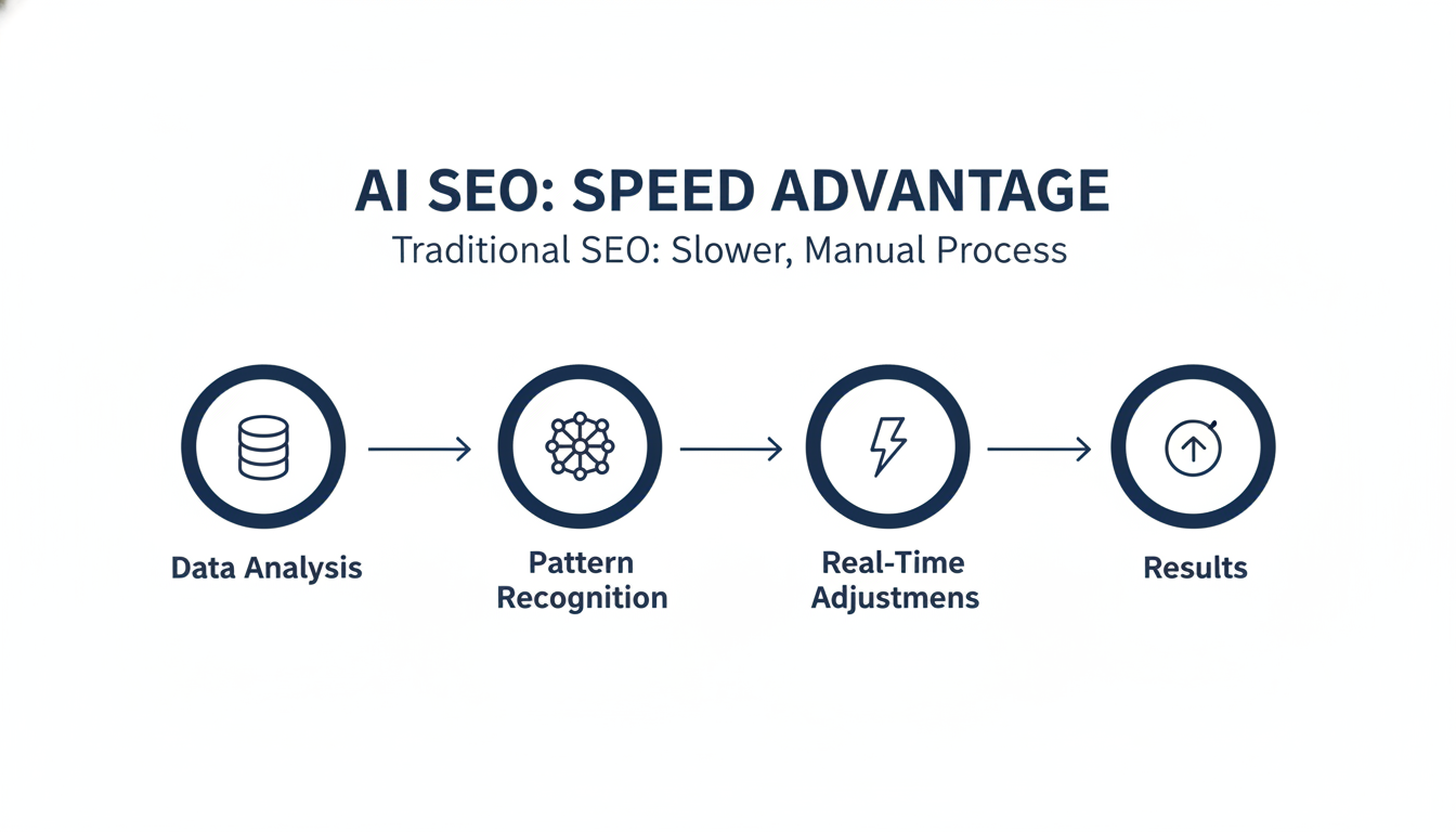 Process flow diagram showing AI SEO speed advantage: Data Analysis to Results