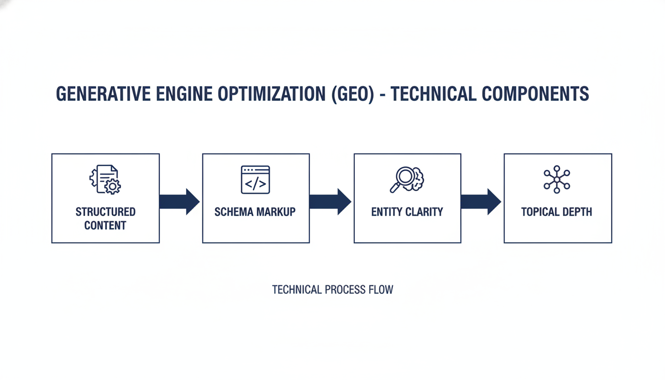 GEO technical components flow diagram showing structured content, schema markup, entity clarity in Corpus Christi