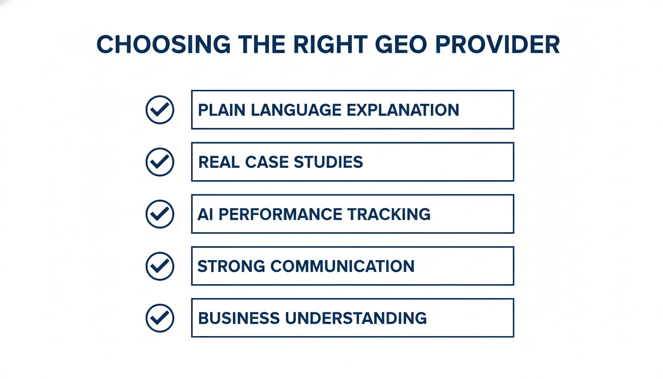 GEO provider selection checklist with five key evaluation criteria for Corpus Christi service businesses