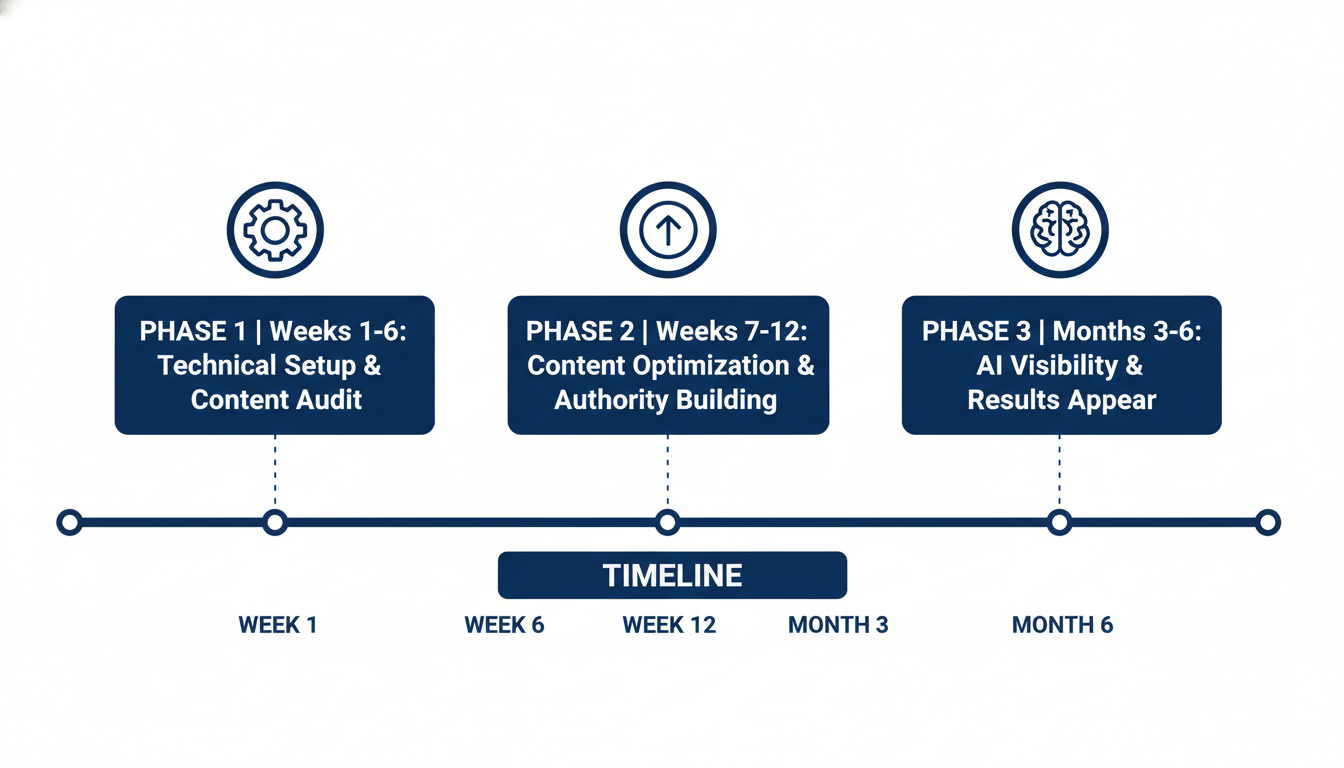 GEO process timeline showing six-month strategy phases and AI visibility milestones for Corpus Christi businesses