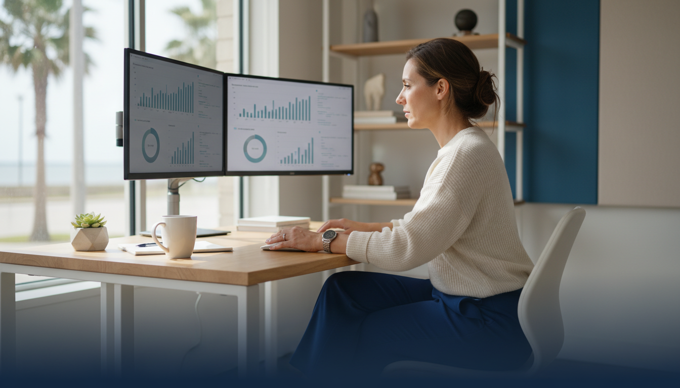 Digital marketer at modern office workspace reviewing analytics dashboards for GEO strategy in Corpus Christi