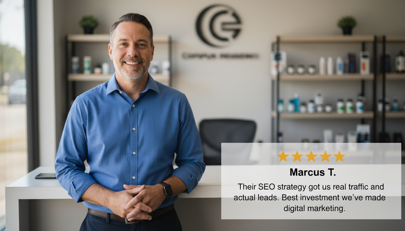 Local business owner testimonial with 5-star review: SEO success in Corpus Christi