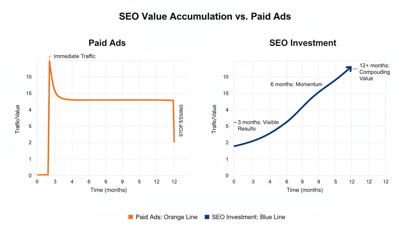 Graph showing SEO compounding value over time vs paid ads, Corpus Christi SEO ROI