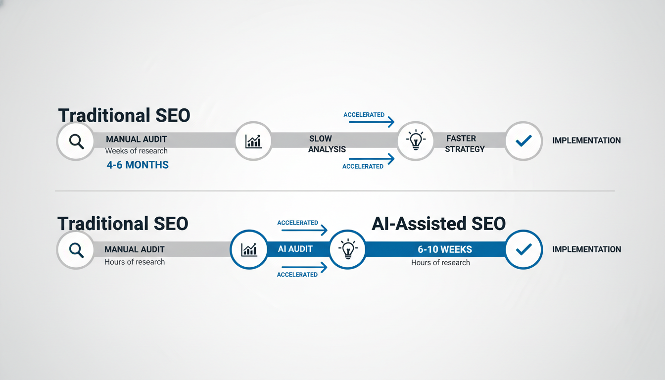 Timeline comparison of traditional SEO vs AI-assisted SEO process speed, Corpus Christi
