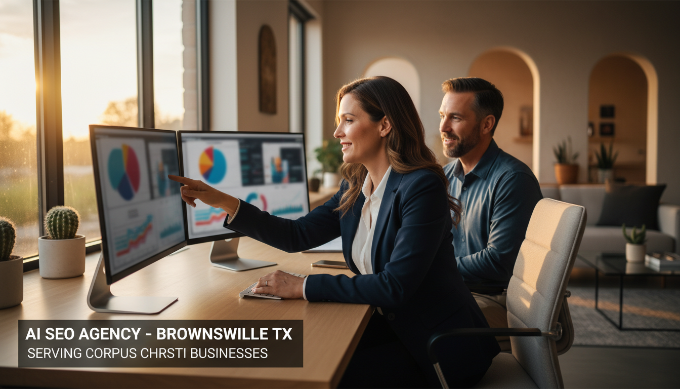 SEO strategist reviewing analytics with client in modern office, Corpus Christi SEO service