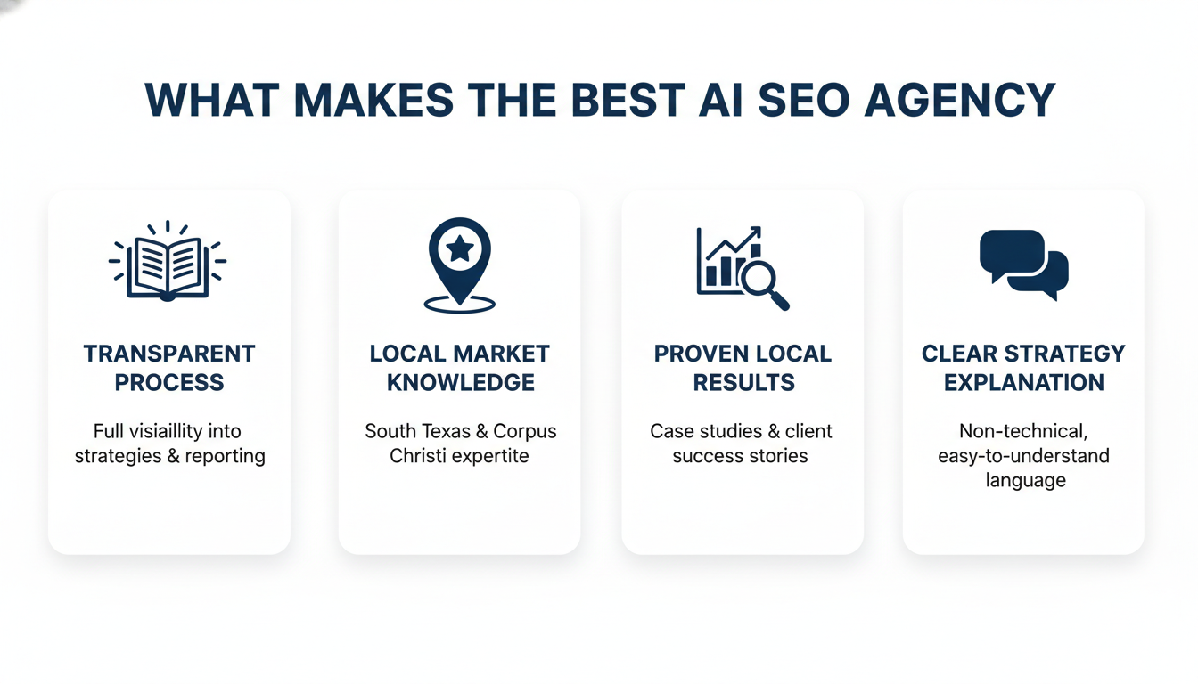 Checklist of best AI SEO agency qualities: transparency, local results, expertise