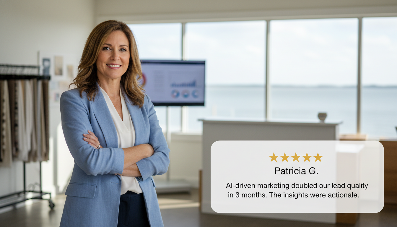 Business owner testimonial with 5-star review about AI marketing results Corpus Christi TX