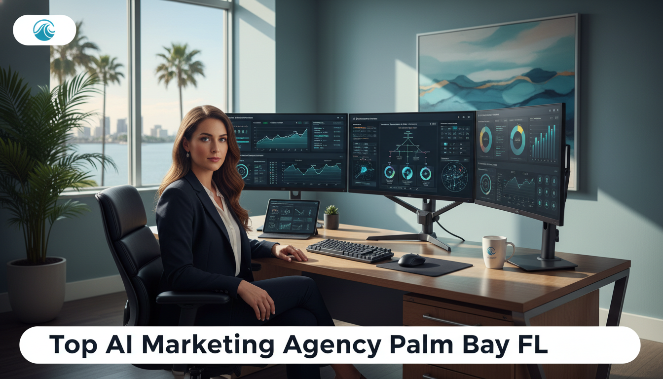Marketing strategist reviewing AI analytics dashboard in modern office, AI marketing services Corpus Christi TX