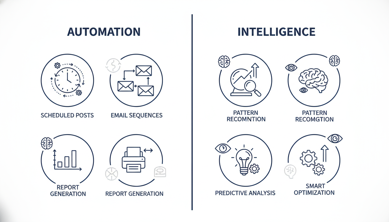 Automation vs Intelligence comparison diagram for AI marketing strategy Corpus Christi TX