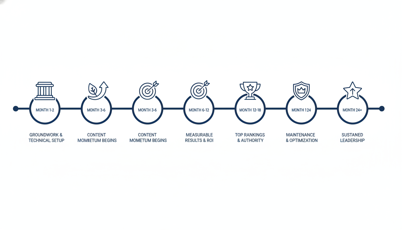 SEO Hybrid timeline showing 6 phases from groundwork to top rankings Omaha