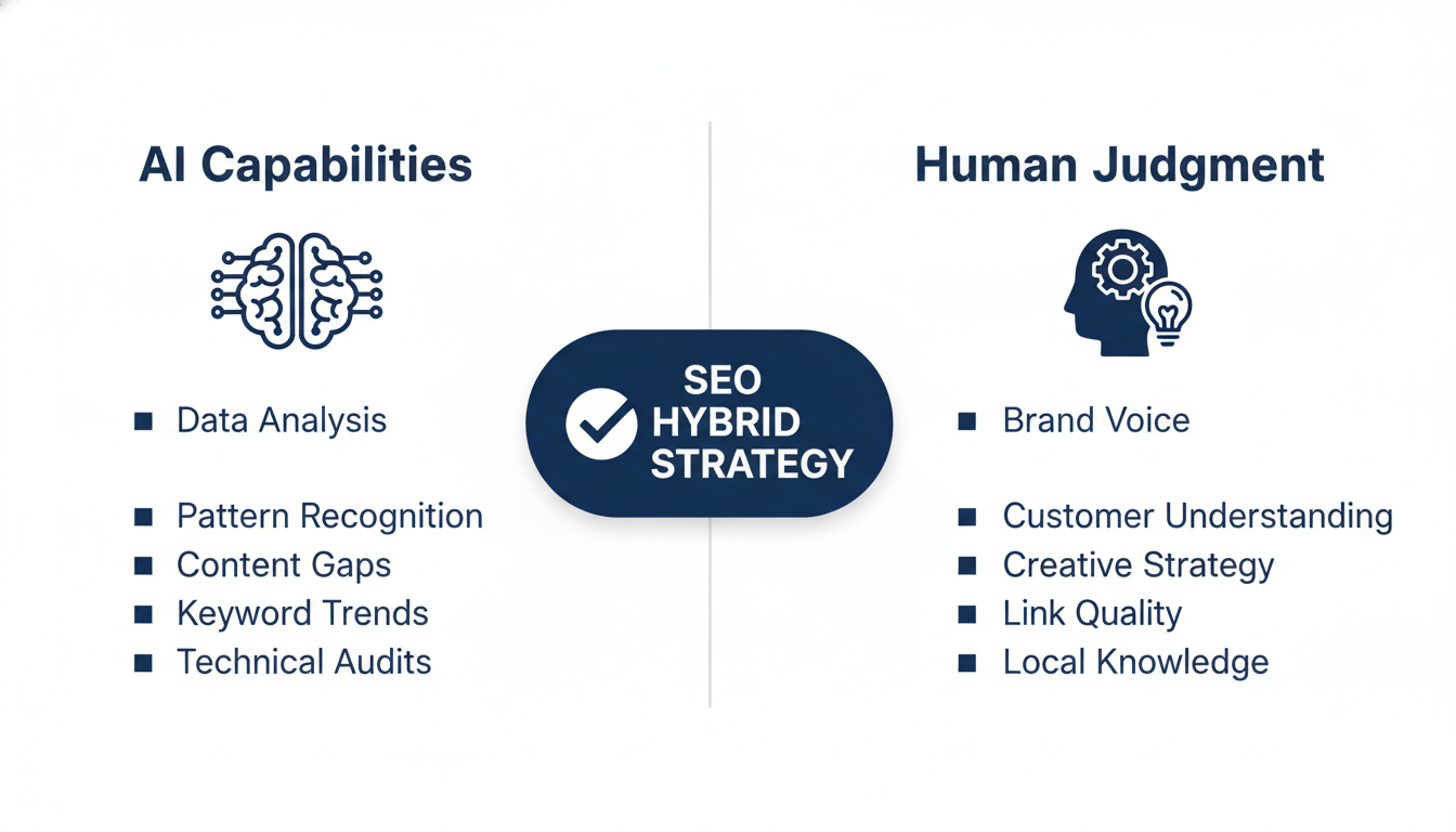 AI capabilities vs human judgment comparison for SEO Hybrid strategy Omaha