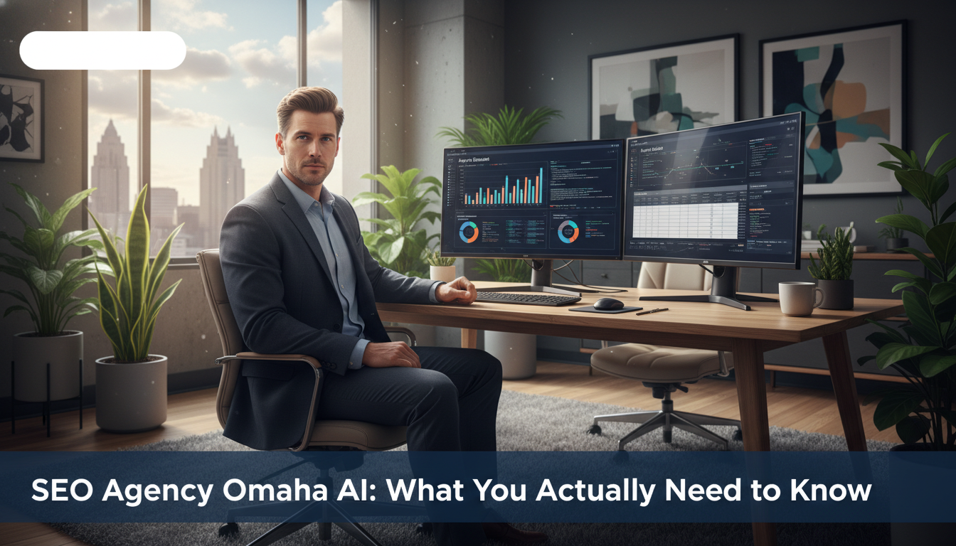 Professional SEO strategist analyzing data on dual monitors in modern Omaha office