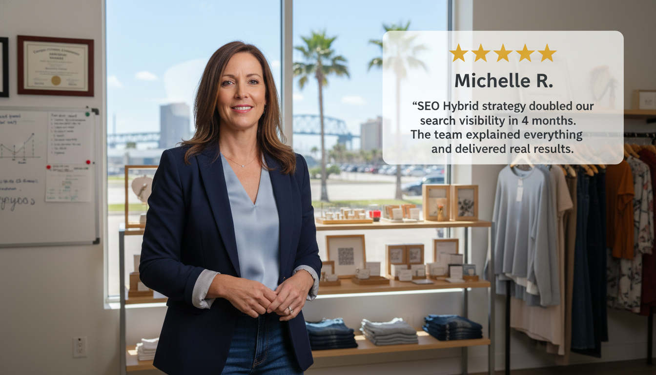 Satisfied business owner with 5-star review: doubled search visibility with SEO Hybrid strategy, Corpus Christi