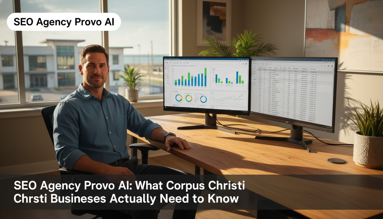 Professional business owner reviewing SEO analytics on dual monitors in modern Corpus Christi office with natural lighting