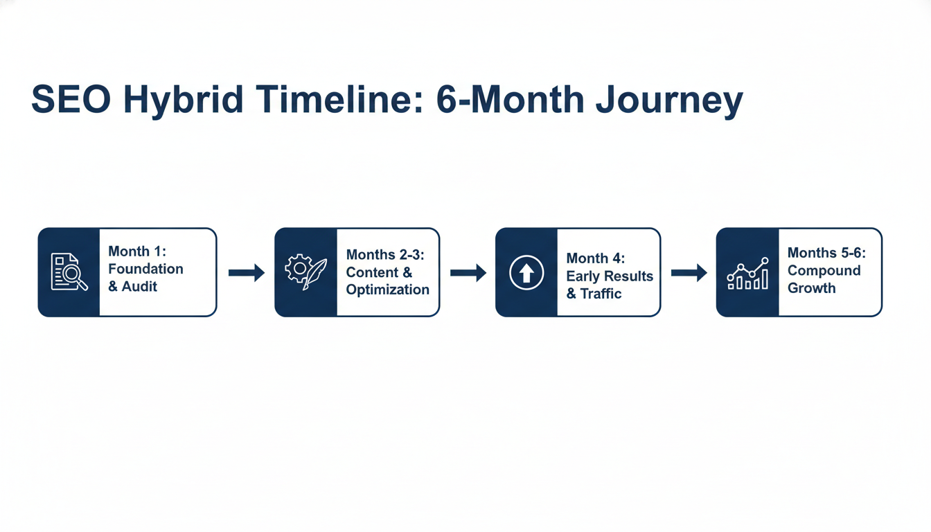 6-month SEO Hybrid timeline showing foundation, optimization, results, and growth phases, Corpus Christi Texas