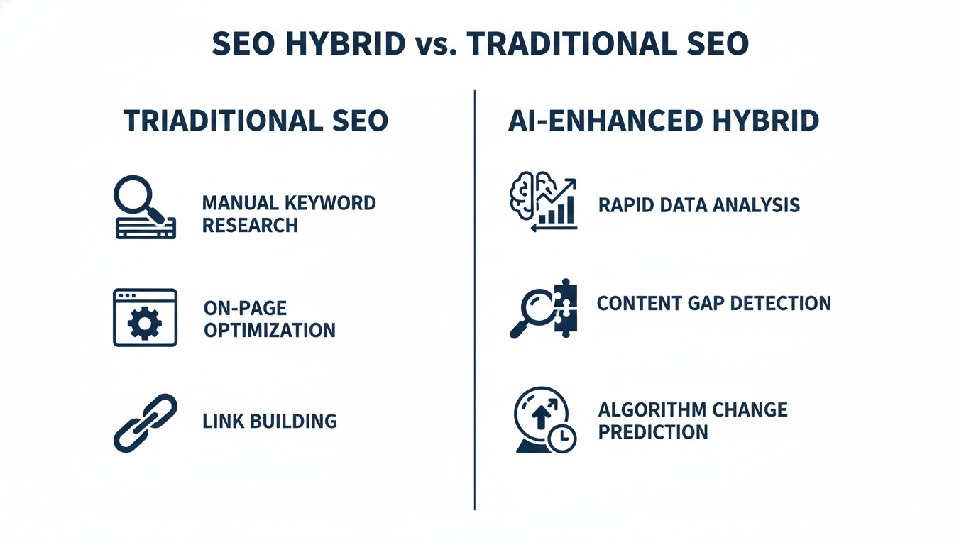 SEO Hybrid vs Traditional SEO comparison diagram showing AI-enhanced methods, Corpus Christi SEO services
