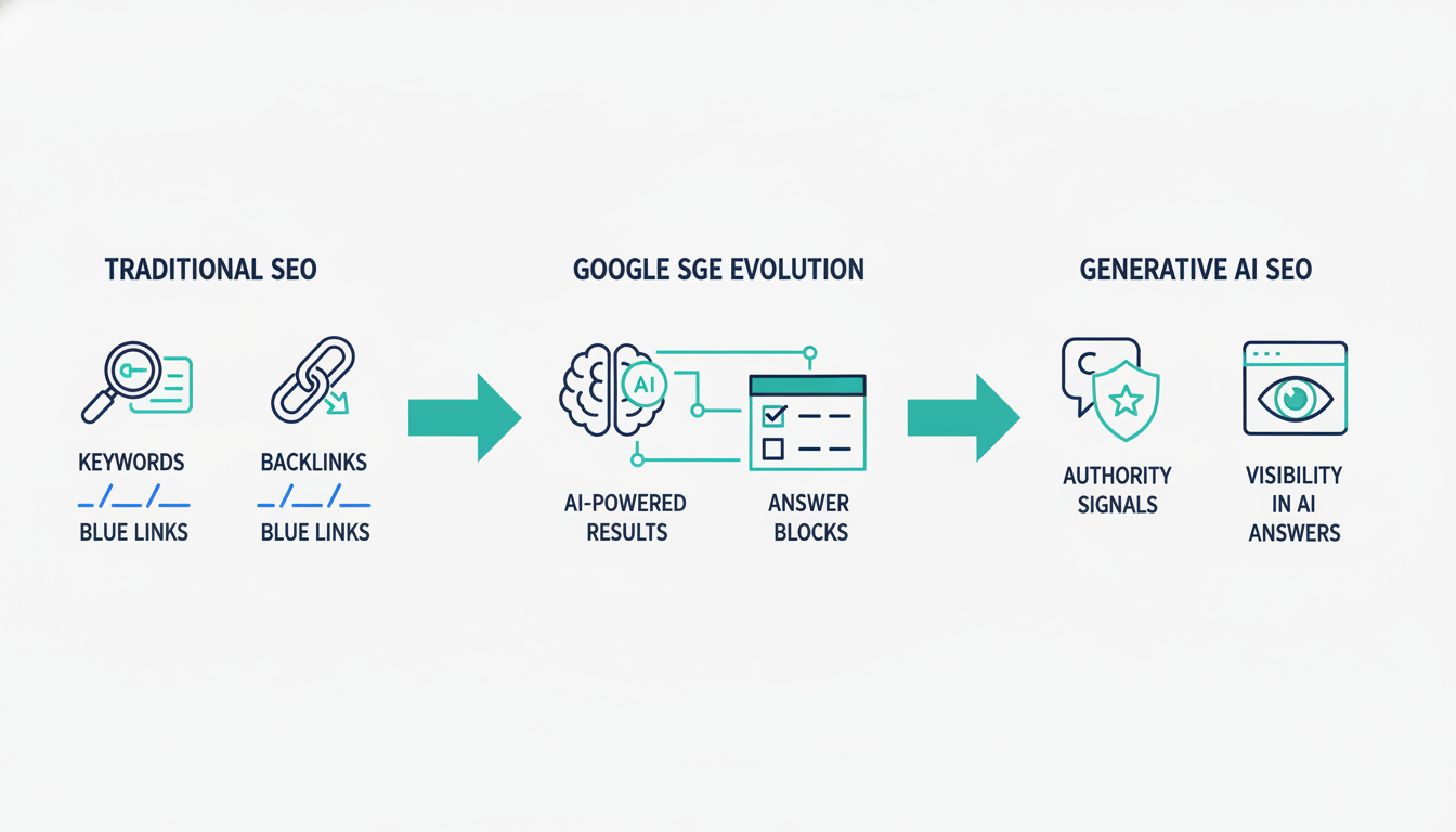 SEO evolution timeline infographic showing traditional SEO to generative AI SEO progression, Corpus Christi digital strategy.