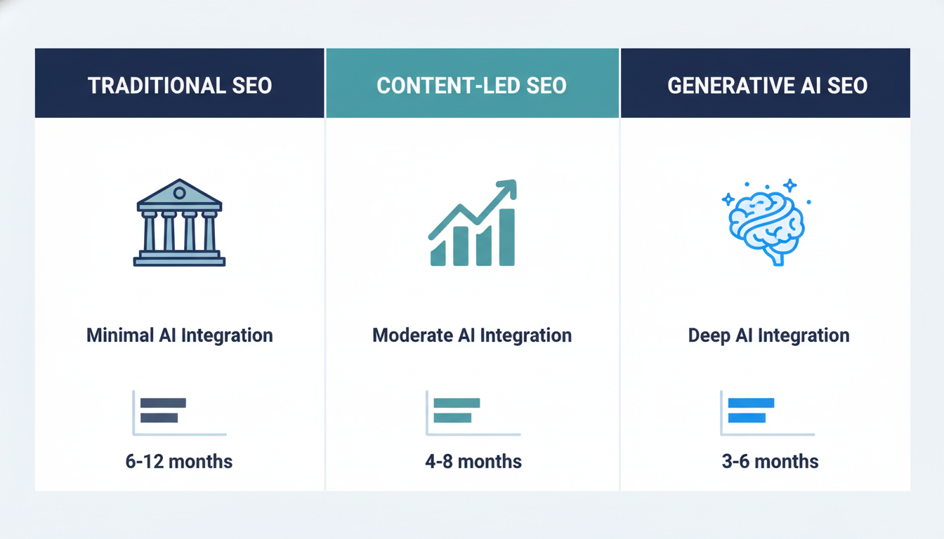 Comparison matrix of three SEO approaches with AI integration and timeline, Corpus Christi AI SEO strategies.