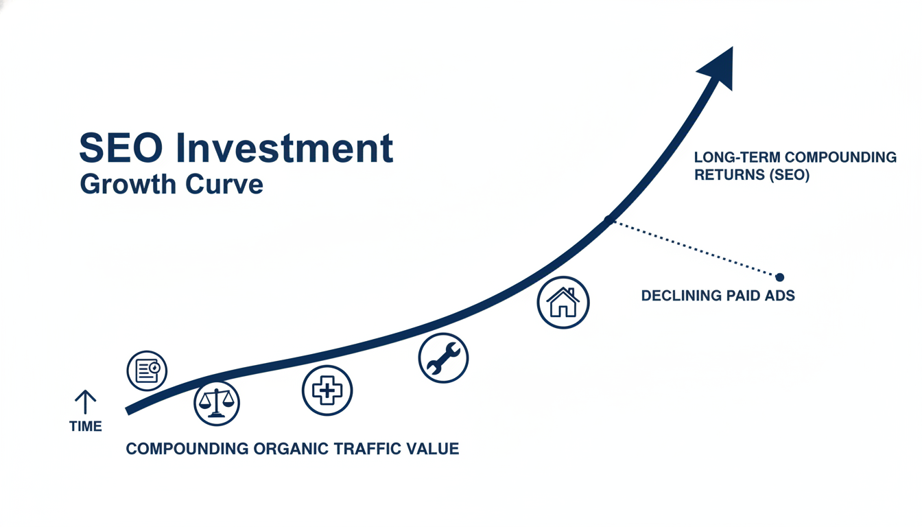 SEO ROI growth curve visualization with local business verticals icons, Corpus Christi organic search value.