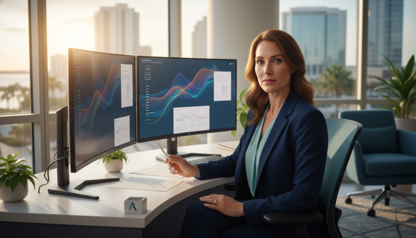 Professional AI SEO strategist analyzing analytics on dual monitors in modern office workspace, Corpus Christi generative AI SEO services.