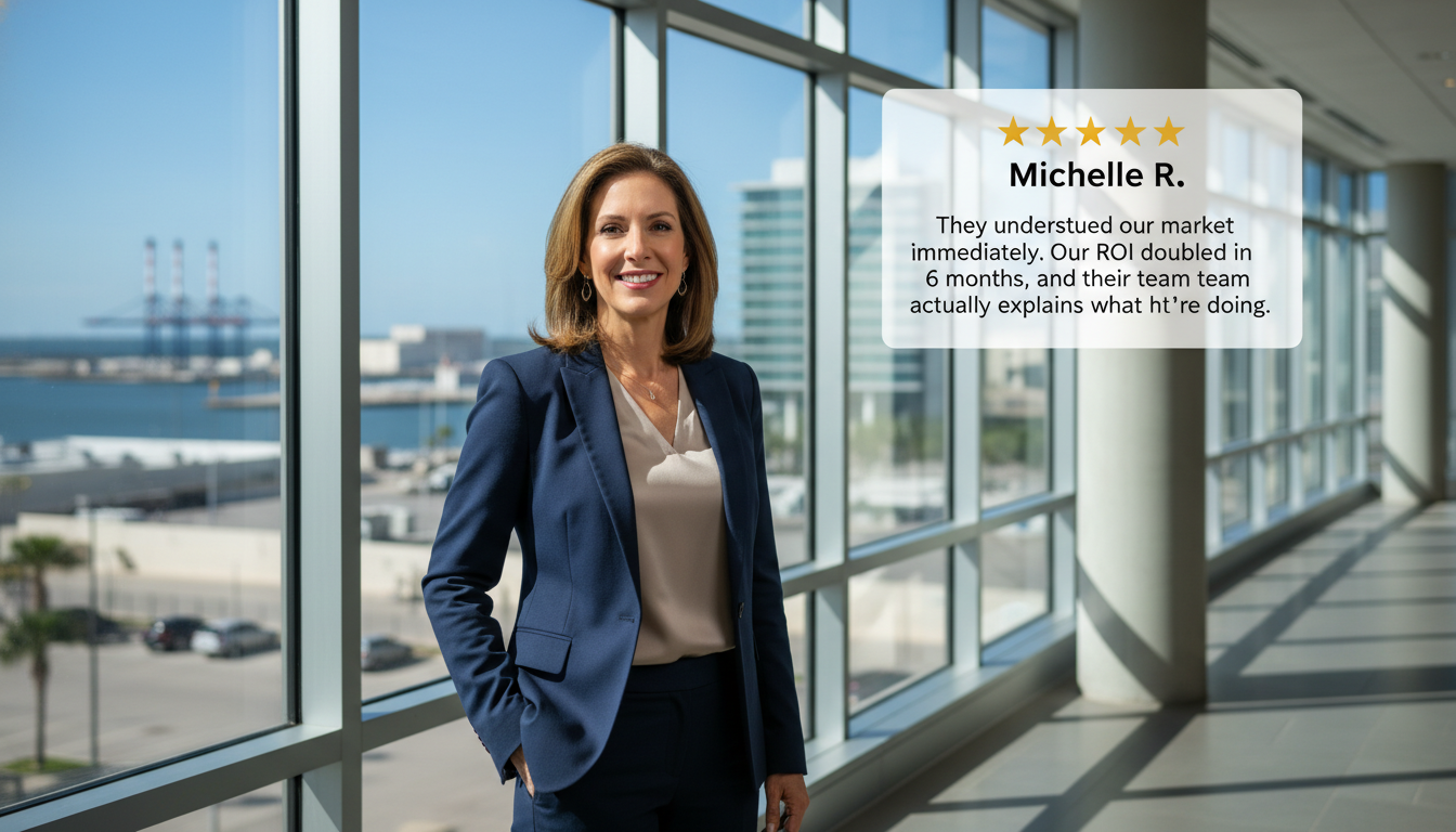 Professional business owner testimonial with 5-star review overlay. Digital marketing results and ROI feedback Corpus Christi TX