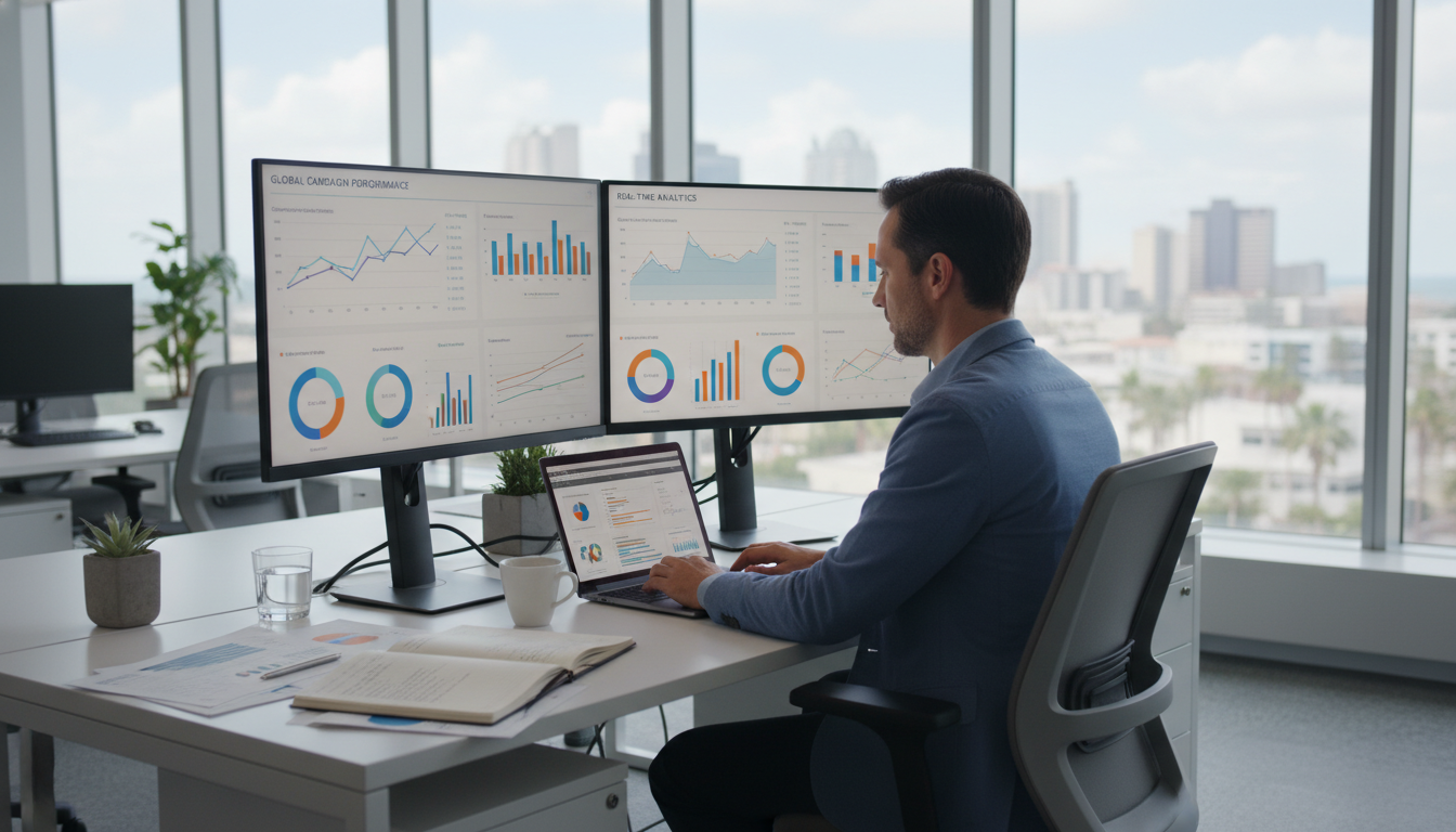 Marketing strategist reviewing AI campaign analytics on dual monitors in modern office. Digital marketing agency Corpus Christi TX