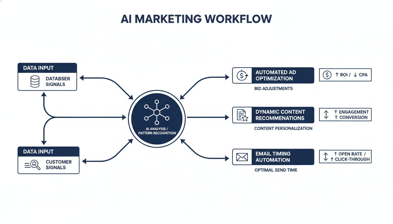 AI marketing workflow process diagram showing data input, analysis, and automated optimization outputs. Digital marketing Corpus Christi