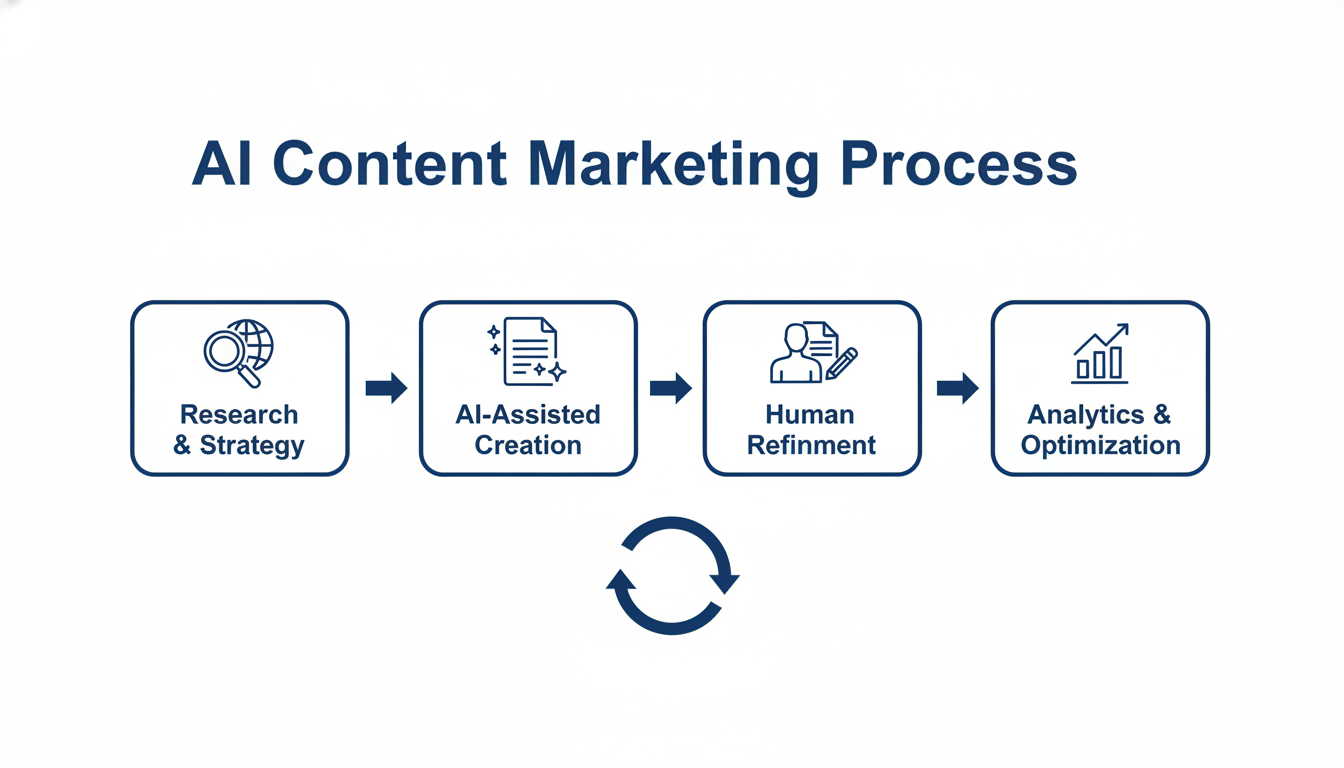 Four-step AI content marketing process: Research, Creation, Refinement, Analytics diagram