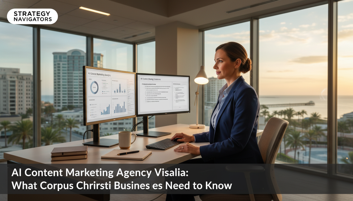 Content strategist reviewing AI marketing analytics on dual monitors in modern Corpus Christi office