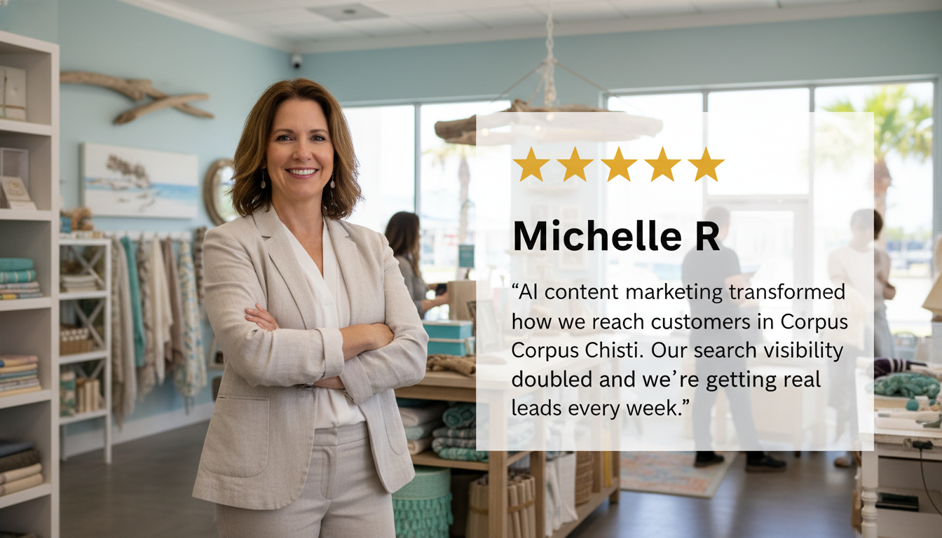 Satisfied Corpus Christi business owner with 5-star review about content marketing success