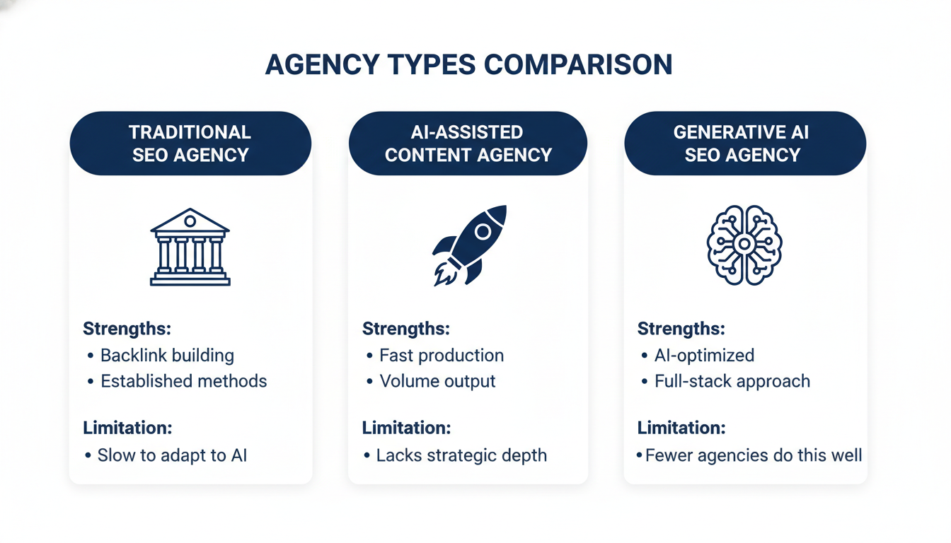 Three-column comparison of Traditional, AI-Assisted, and Generative AI SEO agencies, Corpus Christi