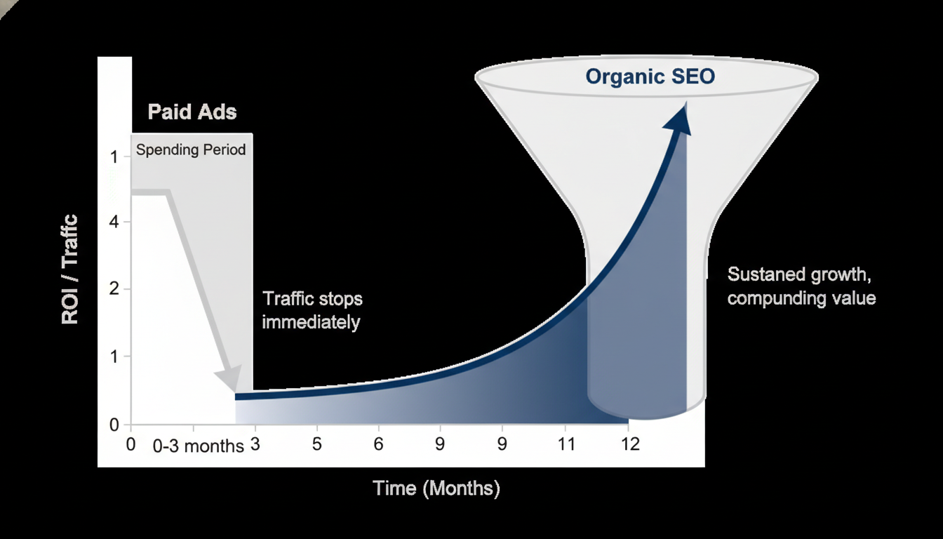 ROI timeline comparing short-term paid ads to long-term organic SEO growth, Corpus Christi