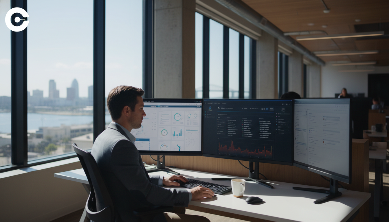 SEO strategist reviewing AI search analytics in modern office with multiple monitors, Corpus Christi