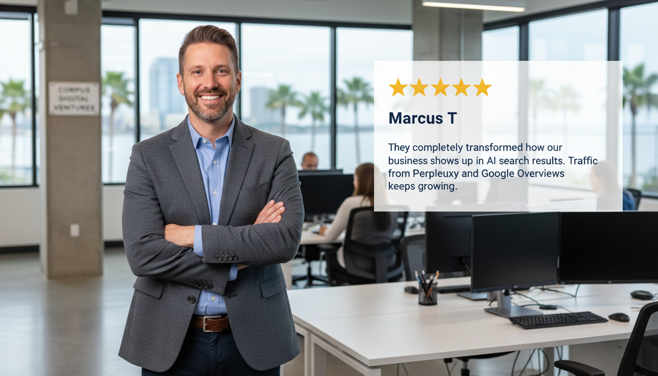 Business owner testimonial: Marcus T. shares AI search visibility success with 5-star review, Corpus Christi