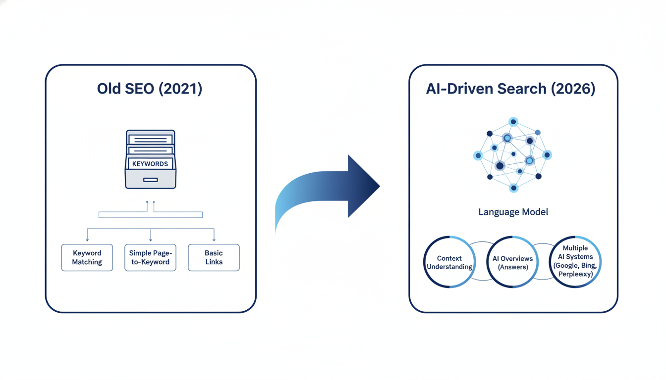 Evolution diagram comparing old SEO keyword matching to AI-driven search understanding, Corpus Christi