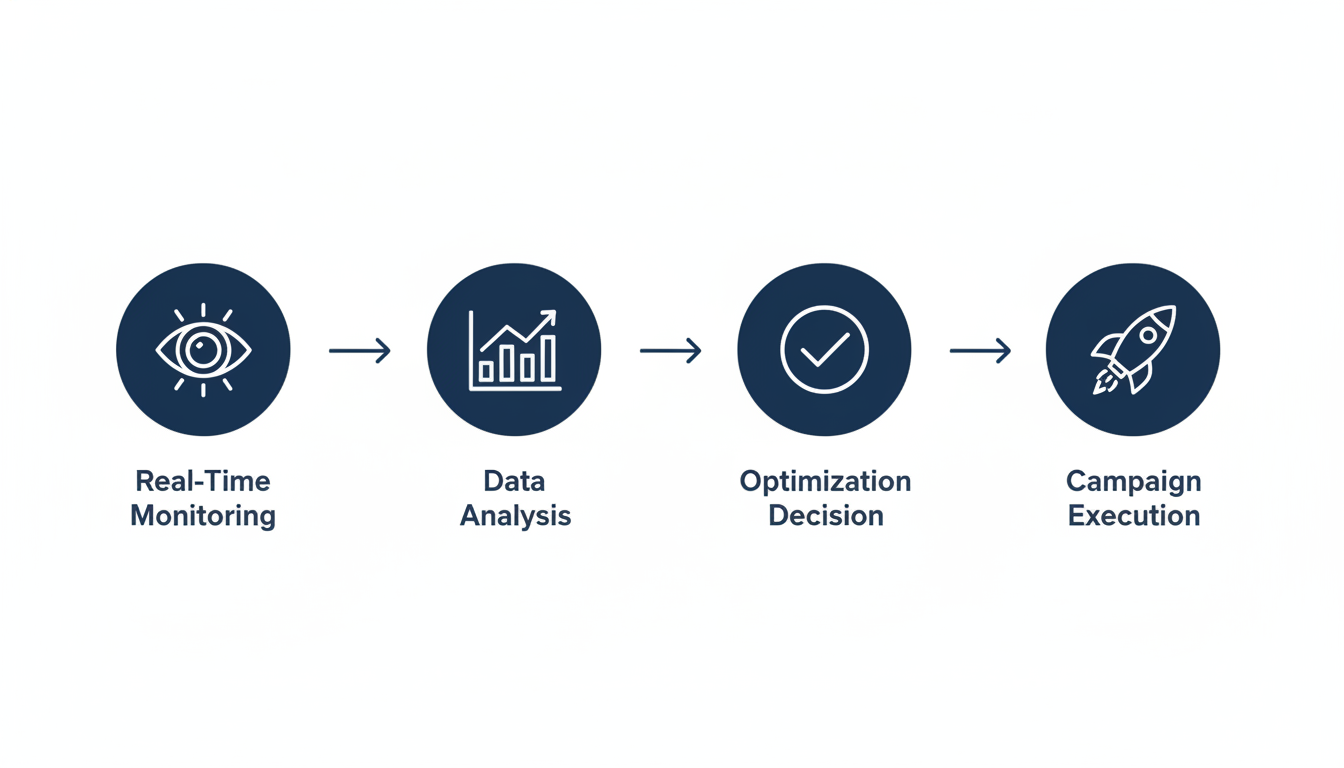 AI marketing process flow diagram: monitoring, analysis, optimization, execution steps