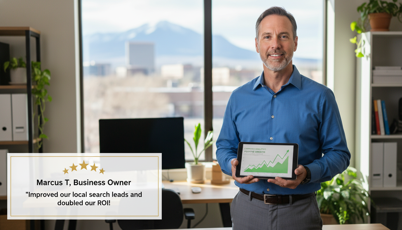 Satisfied business owner with 5-star review testimonial about improved local search leads, Colorado Springs