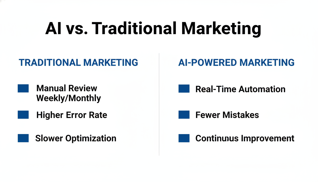 AI vs traditional marketing comparison infographic showing real-time automation benefits