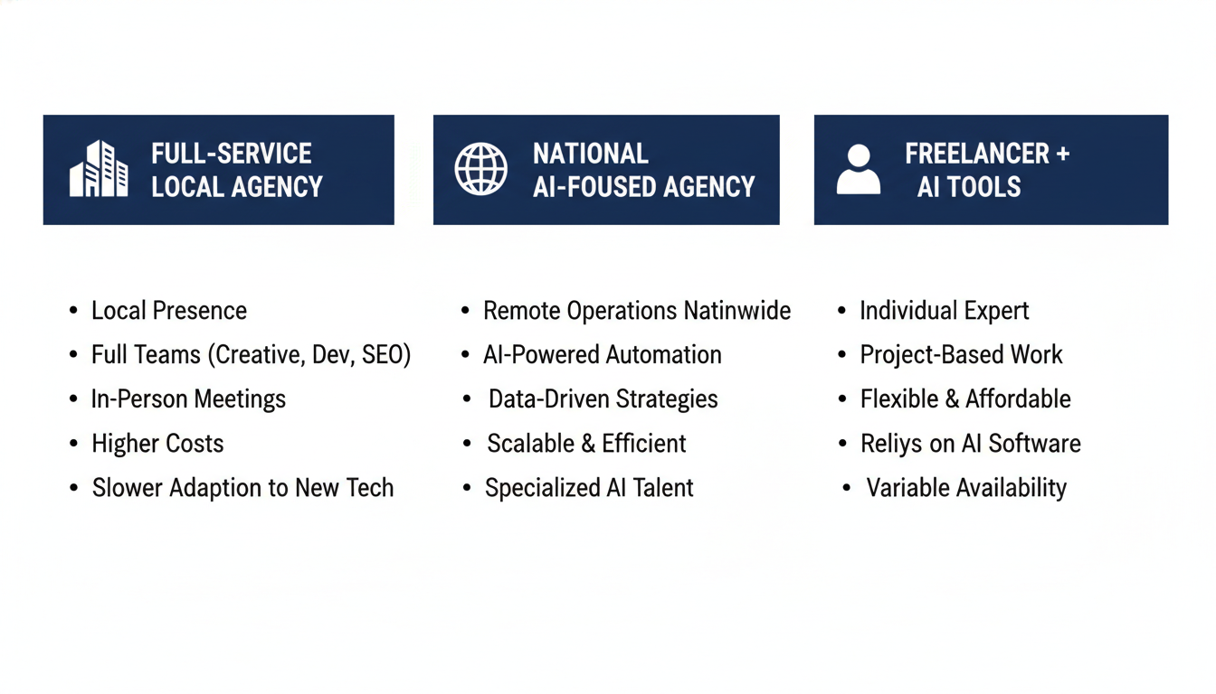 Agency type comparison showing full-service, national AI, and freelancer options