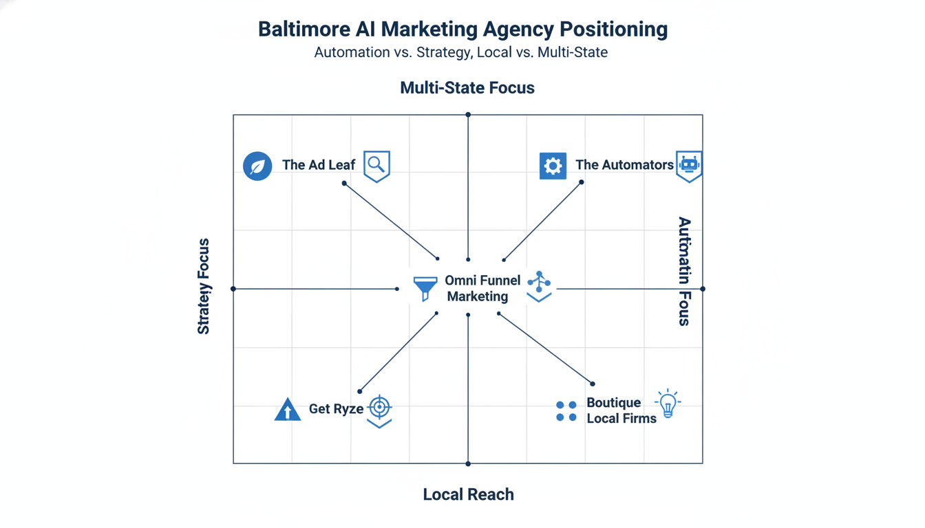 Market positioning diagram showing top five AI marketing agencies in Baltimore including The Ad Leaf and The Automators.