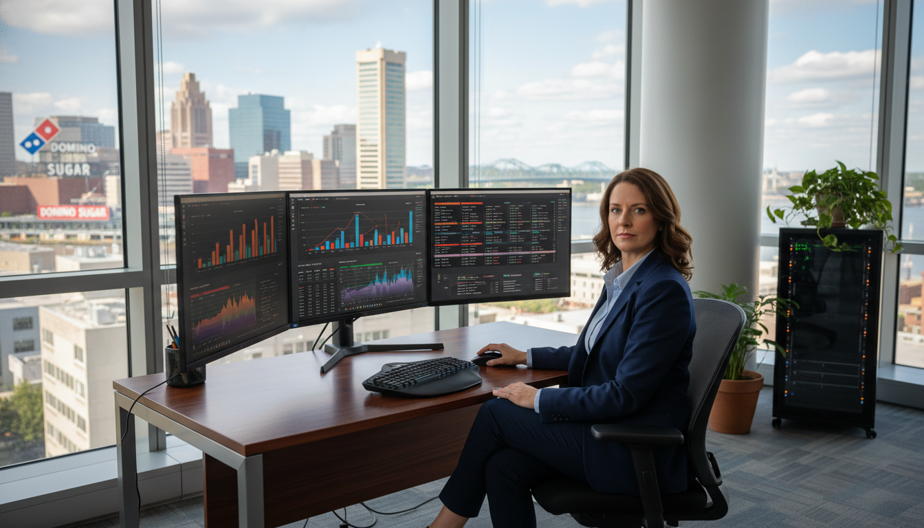 Professional AI marketing strategist at modern Baltimore office desk analyzing data dashboards with city skyline views.