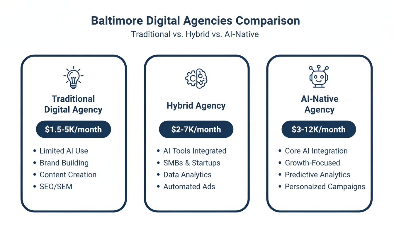 Comparison chart of three Baltimore agency types: traditional, hybrid, and AI-native with costs and specializations.