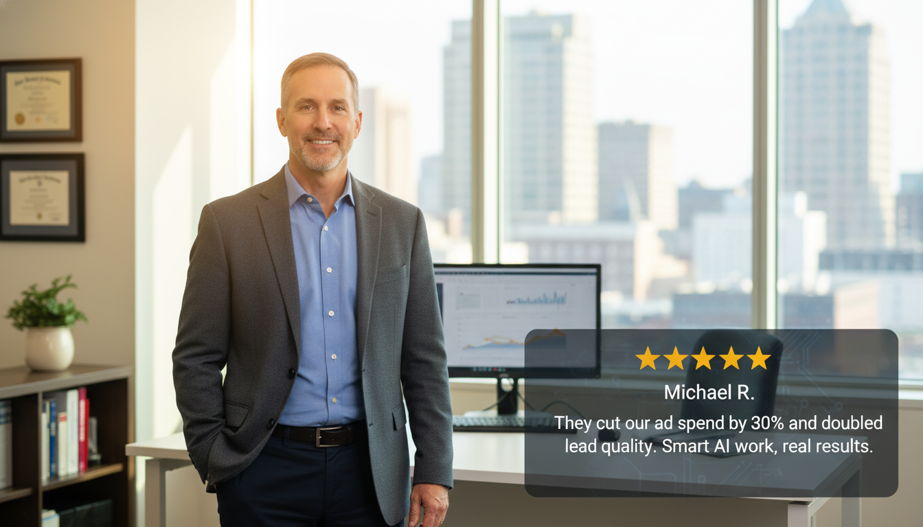 Business owner Michael R. in professional Baltimore office with 5-star review praising AI marketing results and cost efficiency.