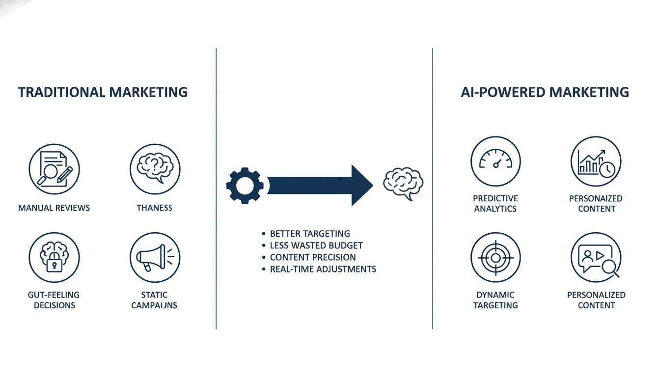 Infographic comparing traditional marketing guesswork to AI-powered solutions showing benefits of Baltimore AI marketing.