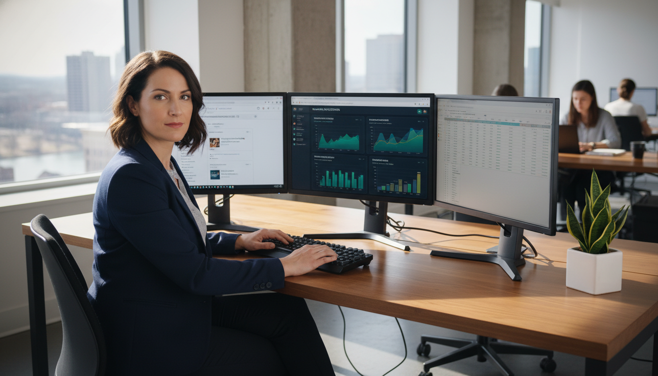 SEO strategist analyzing search rankings at modern office workspace, Columbus OH SEO services