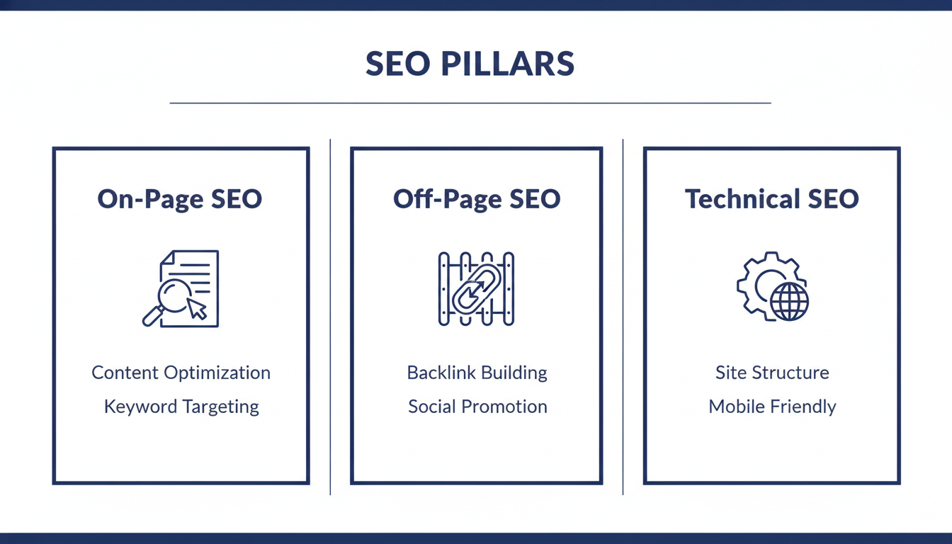 Three pillars of SEO: On-Page, Off-Page, and Technical SEO diagram, Columbus OH