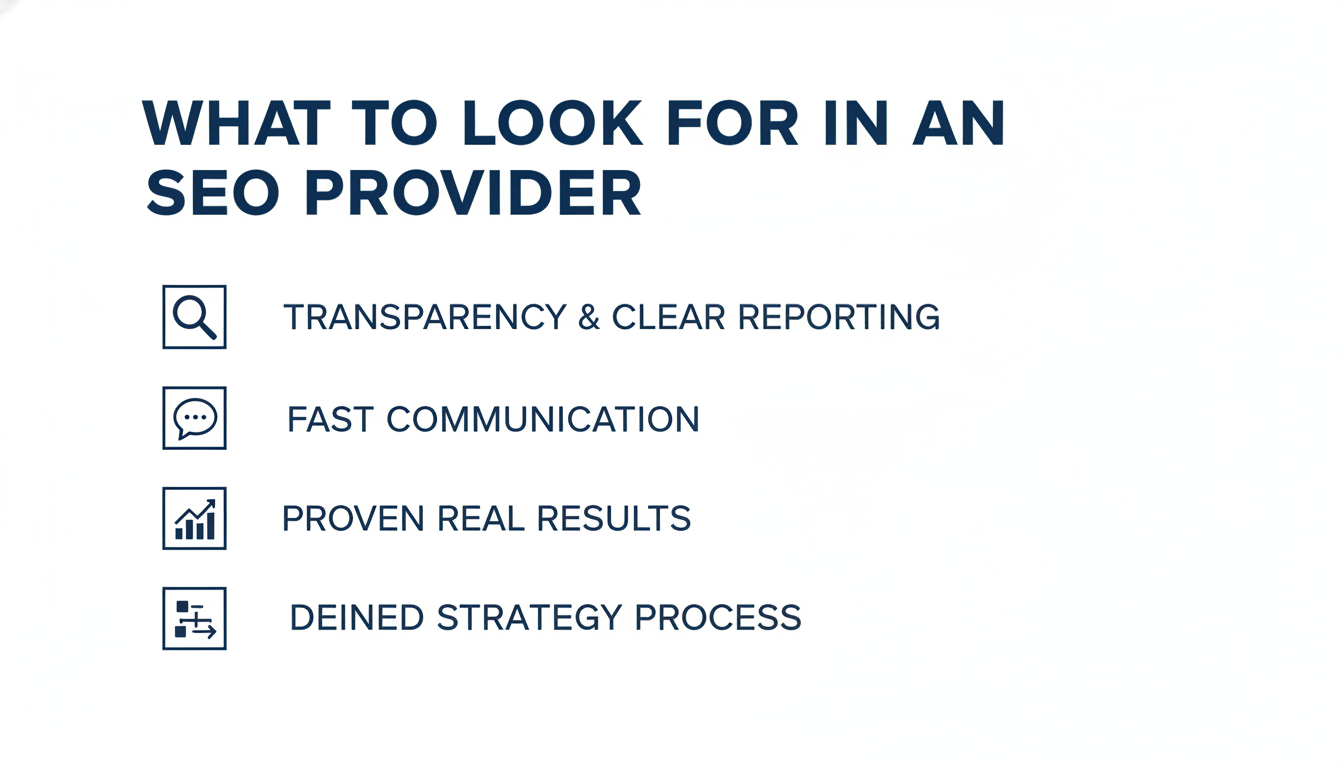 Checklist of SEO provider criteria: transparency, communication, results, strategy, Columbus OH