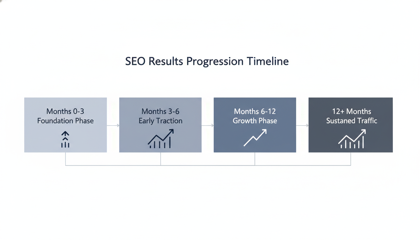 SEO timeline showing results progression from months 0-12 and beyond, Columbus OH